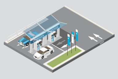 Hydrogen fuel station with two cars.