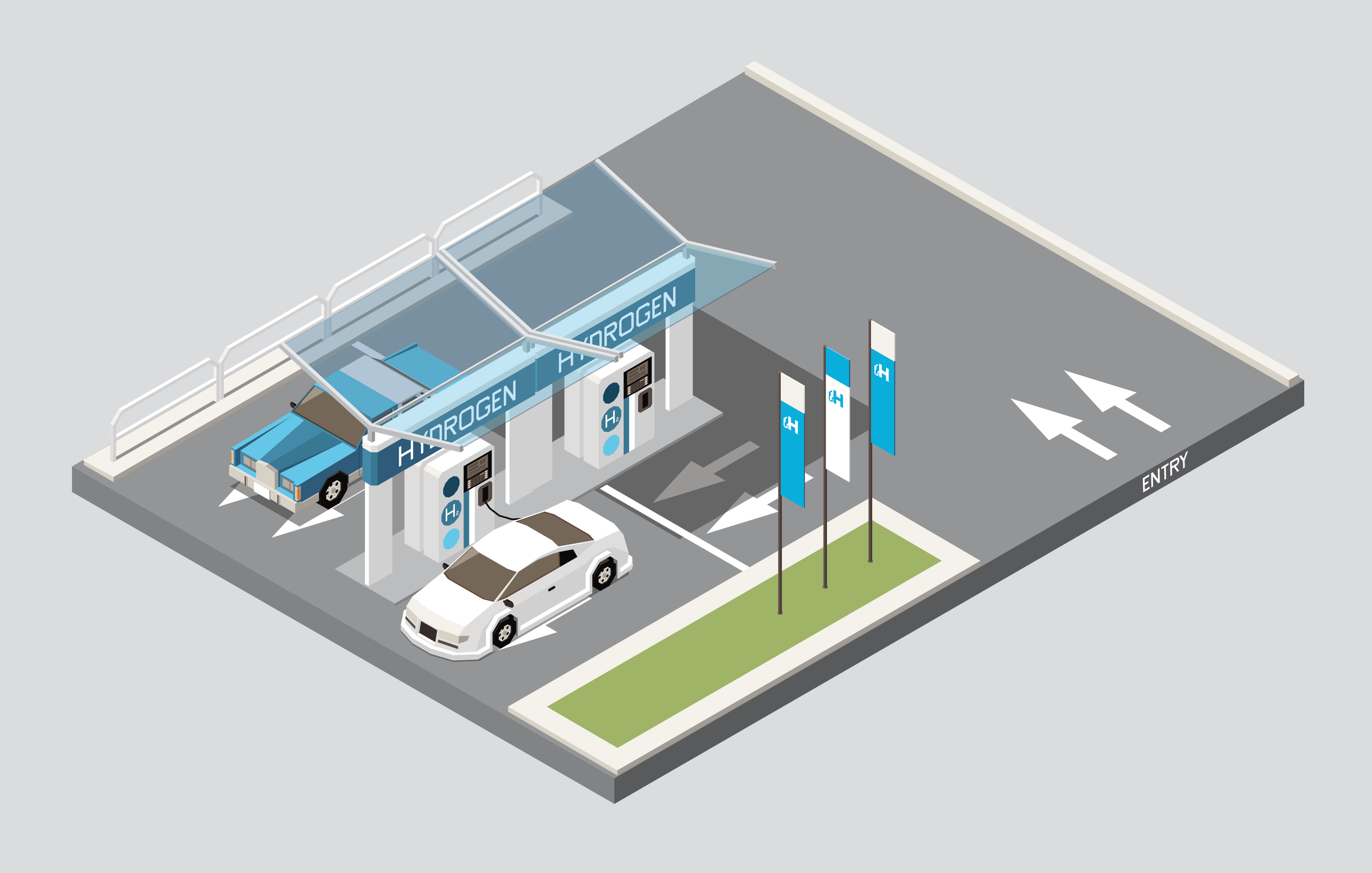 An interactive image map of: Hydrogen fuel station with two cars.