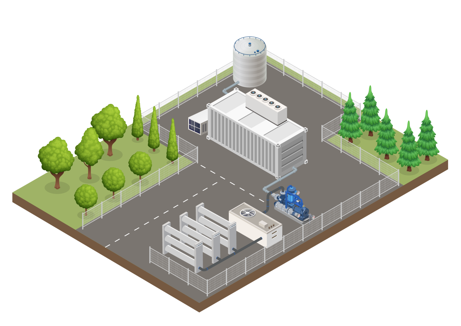 An interactive image map of: illustration of an industrial facility with an electrolyser, pump, cooler, storage etc.